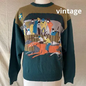 빈티지 구제 의류 경마장 패턴 니트 스웨터 말 패턴 개성있는 스웨덴 국기