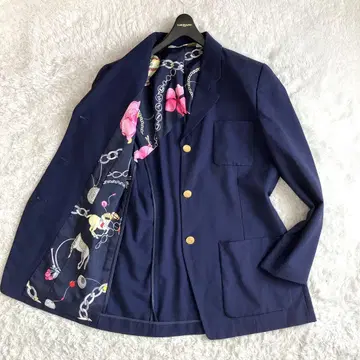 레오나르 네이비 재킷 골드 버튼 꽃 체인 보석 주얼리 썸머 울 M