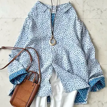 컨디션 최상*플랜테이션 코튼 랜덤 도트 블라우스 M 블루 계열 일본제