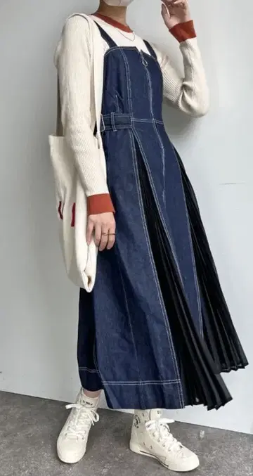 CPCM 플리츠 절개 점프 스커트 롱 원피스 네이비 FREE