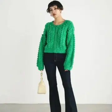 SLY 폼폼 플러피 로우 게이지 블루종 가디건 니트