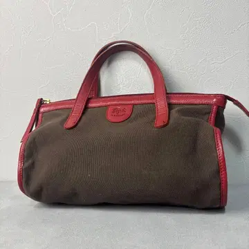 새상품급 일비종떼 핸드백 캔버스 가죽 브라운 빨간색