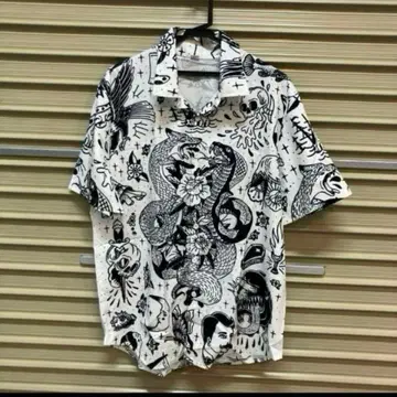 아메트라 타투 패턴 스네이크 뱀 패턴 해골 하와이안 셔츠 로카빌리 화이트