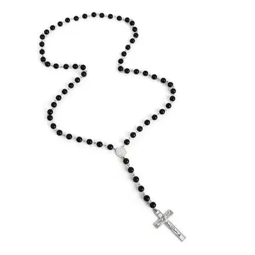 실버 크로스 블랙 펄 로자리오 목걸이