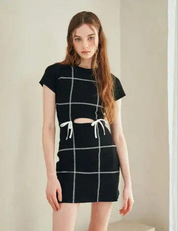 다리치 스티치 리본 리브 미니 원피스