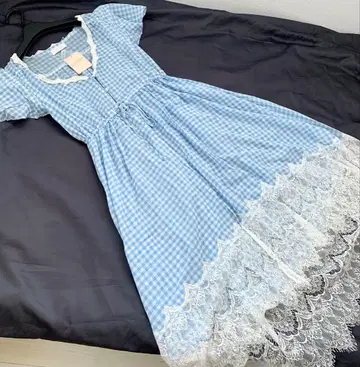 정가 7400엔 LIZLISA 리즈리사 파랑 체크 레이스 원피스 M