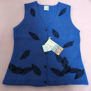 CRAFT HIRO 파랑 니트 베스트 잎 자수