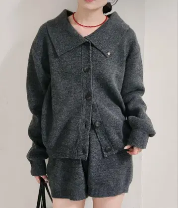 mystic 카라 부착 플레이트 니트 가디건