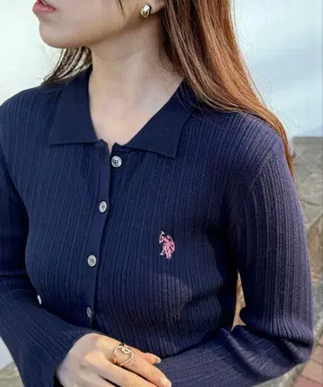 네이비 리브 편직 폴로 칼라 가디건 니트