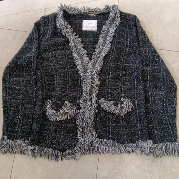 rady 프린지 장식 블랙 앤 화이트 트위드 가디건