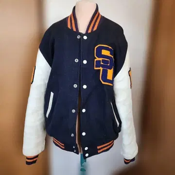 QBclub 네이비 화이트 바시티 자켓 S 자수