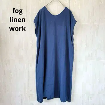 포그린워크 린넨 100 염색 가공 프렌치 슬리브 원피스 파랑
