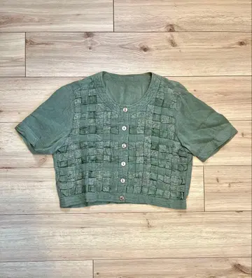 빈티지 뜨개질 카키 반팔 가디건