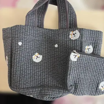 누비백 누비토트백 & 파우치 세트 다크 그레이 강아지 패턴