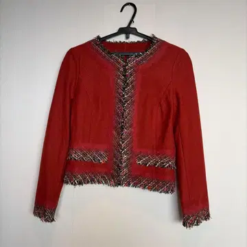 빨간색 노카라 자켓 프린지 마감