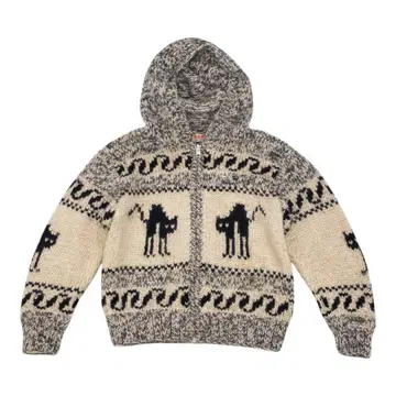 고양이 패턴 울 니트 가디건 후드 포함 Cowichan 스타일 빈티지