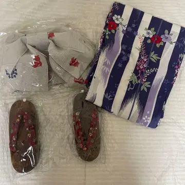 유카타 3점 세트: 유카타, 오비 (만들어진 오비), 일본 나막신