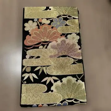 순수 실크 후쿠로 오비 블랙 골드 소나무 흐르는 물 금실 은실