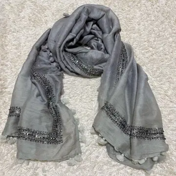 CITRUS 울 실크 스톨 그레이 계열 폼폼 대형