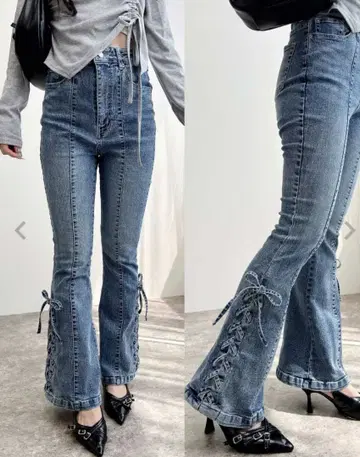 INGNI 사이드 레이스업 & 센터 심 플레어 데님 팬츠