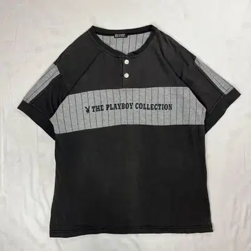 PLAYBOY 헨리넥 T셔츠 L 상당 Y2K 스트라이프 절개 구제 의류
