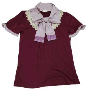 axes femme 와인 레드 반팔 티셔츠 스트라이프 리본 공주 갸루