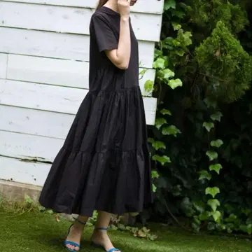 Merlette IRENE 코튼 저지 티어드 T 드레스 블랙