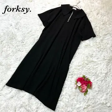 폴크시 반팔 니트 원피스 롱 F 블랙 빅 칼라 무지