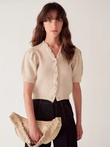 diagonal Beige Puff Sleeve Knit Cardigan