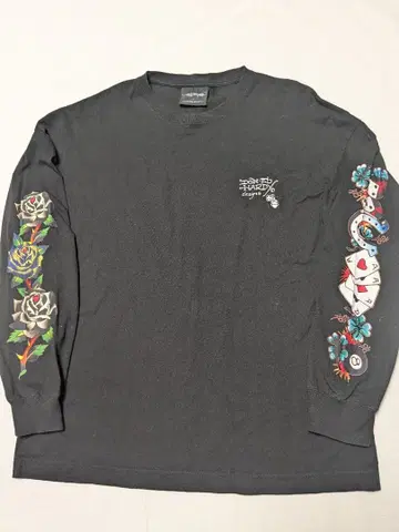 Ed Hardy 소매 프린트 롱T 카드놀이 8볼 장미