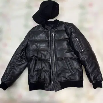 블랙 레더 봄버 재킷과 햇 세트