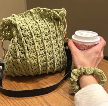 손뜨개질/심플/숄더백 & 머리끈 한정 세트 (올리브 그린)