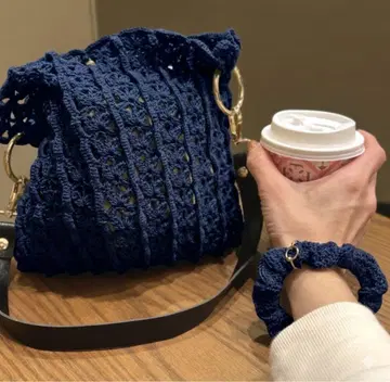 손뜨개질/심플/숄더백과 스크런치 한정 세트 (다크 네이비)