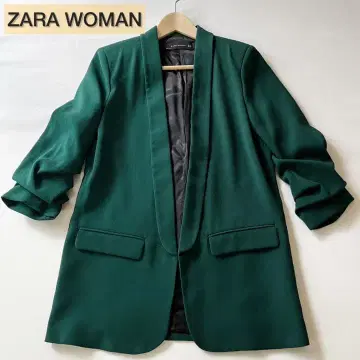 ZARA WOMAN 자라 숄카라 자켓 롱 기장 드레이프 소매 그린