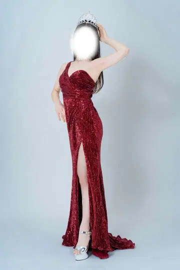 콘테스트 드레스 와인 레드 피트니스 가슴 올림 스팽글 드레스