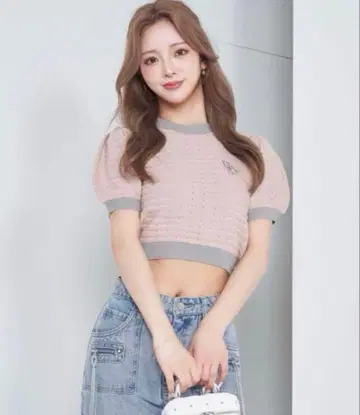 다리치 백리본 퍼프 슬리브 핑크 니트탑 반팔 (11)