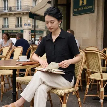 에네스베 블라우스 주름 가공 반팔 블랙 코튼 셔츠 블랙