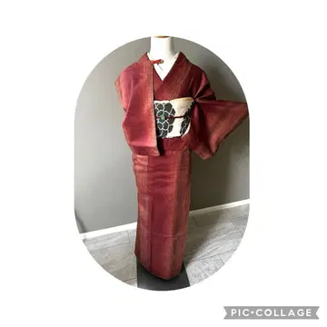 츠무기 기모노 순수 실크 홍차 세로 줄무늬 기장 163 화장 64