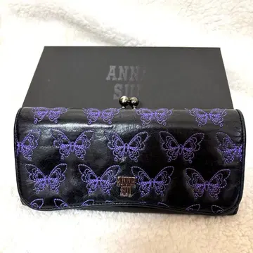 안나수이 장지갑 버터플라이 라운드 가마구치 꽃무늬 자수 블랙 x 보라색