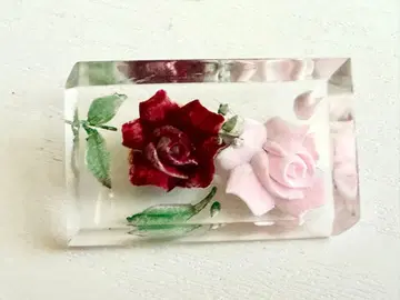 골동품 클리어 레드 x 핑크 장미 꽃 인탈리오 조각 vintage 브로치