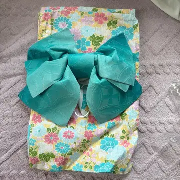 유카타 오비 세트 꽃무늬 파란 오비