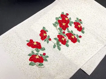 단고 크레이프 원단 순수 실크 동백 자수 금채 오비 장식 천 화이트