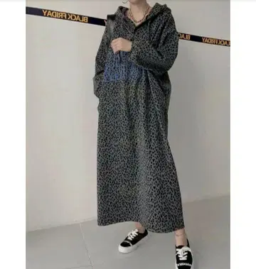 레오파드 무늬 후드 부착 롱 원피스