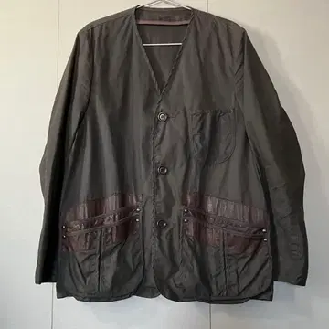 네펜데스 노카라 자켓 코튼과 가죽 카키 무지 아우터 버튼