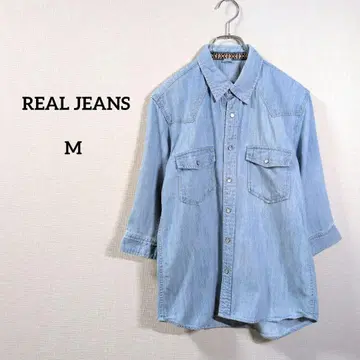 REAL JEANS 데님 셔츠 M 라이트 블루 7부 소매 가슴 포켓