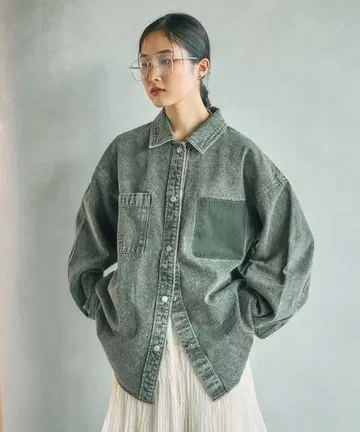 렙심 LEPSIM 자수 BIG 데님 셔츠 카키 새상품