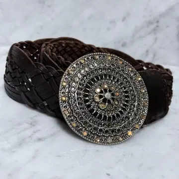 천연 가죽 비쥬 버클 벨트 브라운 은색 라운드 웨빙 벨트