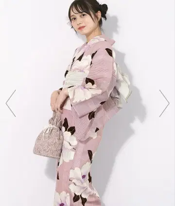 핑크 꽃무늬 유카타 오비 일본 나막신 3종 세트