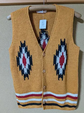 면 손뜨개질 오르테가 무늬 베스트 머스타드/S 사이즈