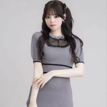 pium 튤 프릴 도리 니트 퍼프 원피스